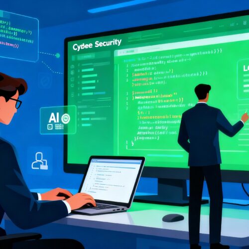 Illustration einer modernen Cybersecurity-Umgebung mit zwei IT-Experten, die an sicheren KI-Systemen arbeiten. Auf großen Bildschirmen sind dargestellte Code-Sektionen, Logs und Sicherheitsanzeigen zu sehen. Futuristische UI-Elemente repräsentieren KI-Schutz, Monitoring und Systemwartung.