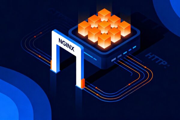 Futuristische Tech-Illustration eines Kubernetes-Clusters mit zentralem Ingress-Gateway vor dunklem Hintergrund in Blau- und Orangetönen, die sicheren Datenverkehr und die Migration auf einen modernen NGINX Ingress Controller symbolisiert.