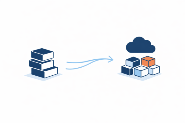 Vereinfachte Darstellung einer IT-Migration: links ein gestapeltes Legacy-System, rechts eine strukturierte Cloud-Plattform, verbunden durch fließende Pfeile von links nach rechts.