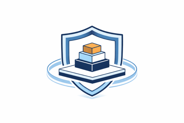 Zentrale Cloud-Plattform, integriert in eine schützende, mehrschichtige Schildform, die Sicherheit und Resilienz in einer ruhigen, professionellen IT-Umgebung symbolisiert.