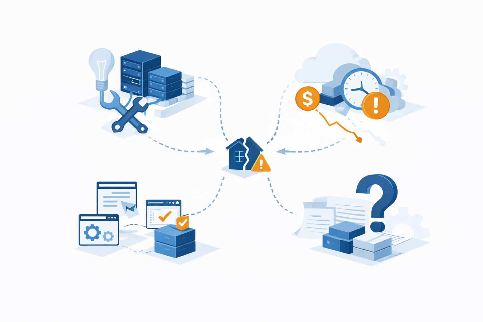Illustration zeigt typische Ursachen scheiternder IT-Architekturentscheidungen wie Zeitdruck, Kostenfokus, fehlende Dokumentation und toolgetriebene Lösungen, die zu instabilen Systemen führen