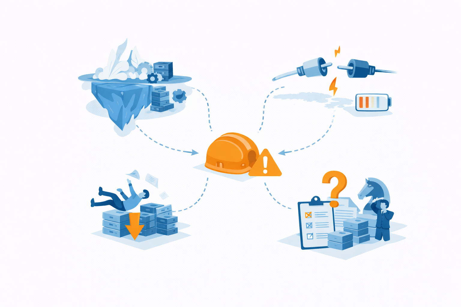 Illustration zeigt verborgene Risiken und typische Probleme im IT-Betrieb wie fehlende Transparenz, instabile Verbindungen, ungeplante Ausfälle und Unsicherheit, warum Betrieb häufig unterschätzt wird