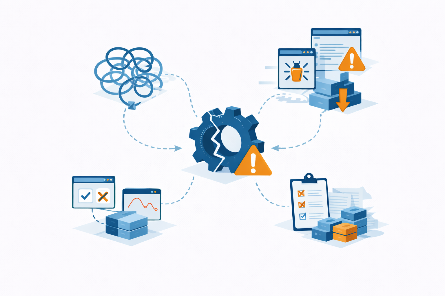 Illustration zeigt Ursachen instabiler IT-Implementierungen wie manuelle Konfigurationen, fehlende Standards, unklare Abhängigkeiten und nicht reproduzierbare Setups