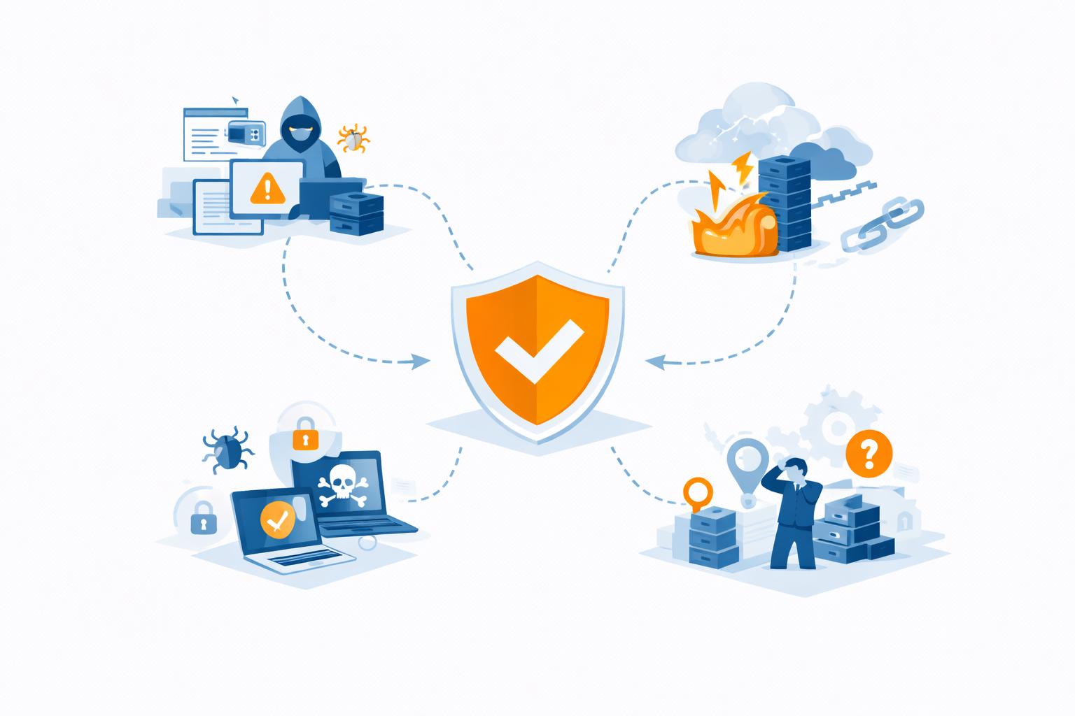 Illustration zeigt eine geschützte IT-Plattform, die trotz Sicherheitsmaßnahmen von Ausfällen, Angriffen und unvorhergesehenen Ereignissen bedroht ist und verdeutlicht, warum Sicherheit allein nicht ausreicht