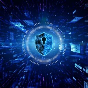 Digitales Cybersecurity-Symbol: Ein leuchtendes Schild mit Schlüsselloch in der Mitte, umgeben von kreisförmigen Daten- und Codeelementen auf einem futuristischen, blau-violetten Hintergrund, der den Eindruck eines schnellen, global vernetzten Datenstroms erzeugt.